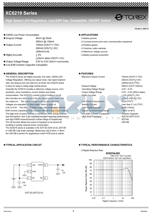 XC6219A09AML datasheet - High Speed LDO Regulators Low ESR Cap Compatible ON/OFF Switch