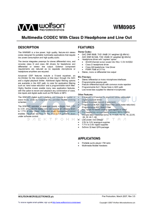 WM8985GEFL/R datasheet - Multimedia CODEC With Class D Headphone and Line Out