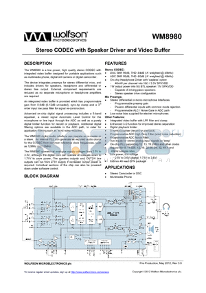 WM8980_12 datasheet - Stereo CODEC with Speaker Driver and Video Buffer