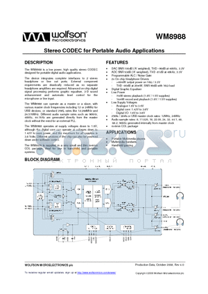 WM8988 datasheet - Stereo CODEC for Portable Audio Applications