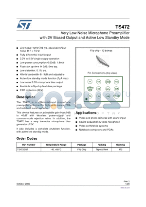 TS472EIJT datasheet - Very Low Noise Microphone Preamplifier with 2V Biased Output and Active Low Standby Mode