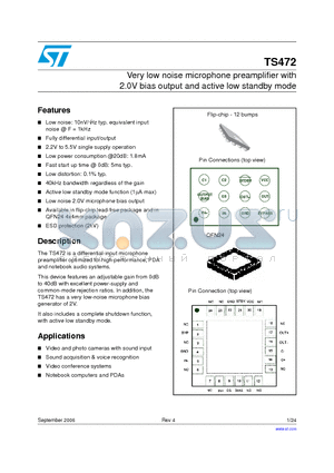 TS472EIJT datasheet - Very low noise microphone preamplifier with 2.0V bias output and active low standby mode