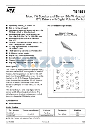 TS4851IJT datasheet - MONO 1 W SPEAKER AND STEREO 160 mW HEADSET BTL DRIVERS WITH DIGITAL VOLUME CONTROL