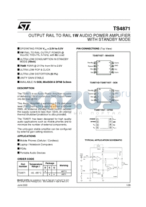 TS4871IDT datasheet - OUTPUT RAIL TO RAIL 1W AUDIO POWER AMPLIFIER WITH STANDBY MODE