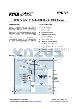 WM9707SCFT/V datasheet - AC 97 Revision 2.1 Audio CODEC with SPDIF Output