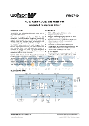 WM9710 datasheet - AC97 Audio CODEC and Mixer with Integrated Headphone Driver
