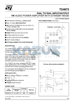 TS4872IJT datasheet - RAIL TO RAIL INPUT/OUTPUT 1W AUDIO POWER AMPLIFIER WITH STANDBY MODE