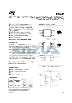 TS4890IDT datasheet - RAIL TO RAIL OUTPUT 1W AUDIO POWER AMPLIFIER WITH STANDBY MODE ACTIVE LOW