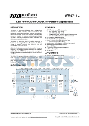 WM9711LGEFL/RV datasheet - Low Power Audio CODEC for Portable Applications
