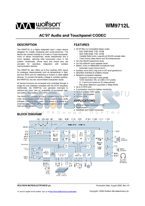 WM9712L datasheet - AC97 Audio and Touchpanel CODEC