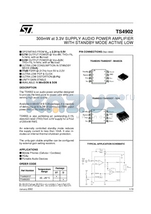 TS4902IS datasheet - 300mW at 3.3V SUPPLY AUDIO POWER AMPLIFIER WITH STANDBY MODE ACTIVE LOW