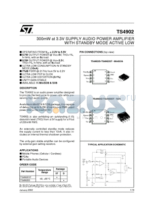 TS4902IST datasheet - 300mW at 3.3V SUPPLY AUDIO POWER AMPLIFIER WITH STANDBY MODE ACTIVE LOW