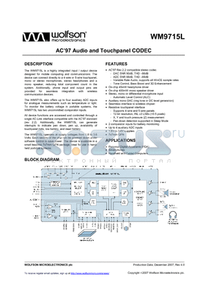 WM9715LGEFL/V datasheet - AC97 Audio and Touchpanel CODEC