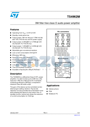 TS4962M datasheet - 3W filter-free class D audio power amplifier