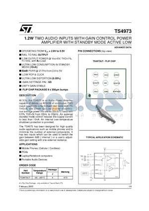 TS4973 datasheet - 1.2W TWO AUDIO INPUTS WITH GAIN CONTROL POWER AMPLIFIER WITH STANDBY MODE ACTIVE LOW