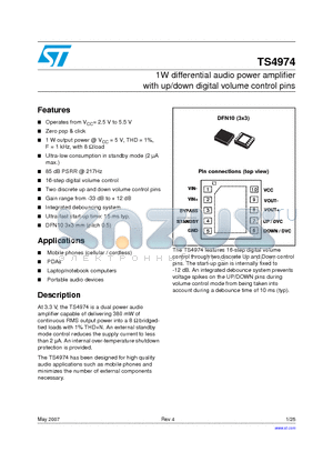 TS4974 datasheet - 1W differential audio power amplifier with up/down digital volume control pins