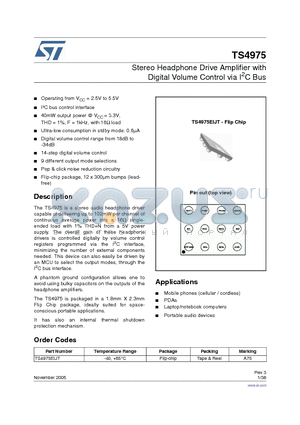 TS4975EIJT datasheet - Stereo Headphone Drive Amplifier with Digital Volume Control via I2C Bus