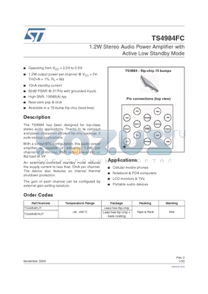 TS4984EIKJT datasheet - 1.2W Stereo Audio Power Amplifier with Active Low Standby Mode