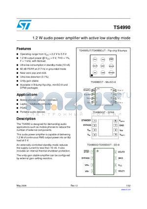 TS4990IQT datasheet - 1.2 W audio power amplifier with active low standby mode