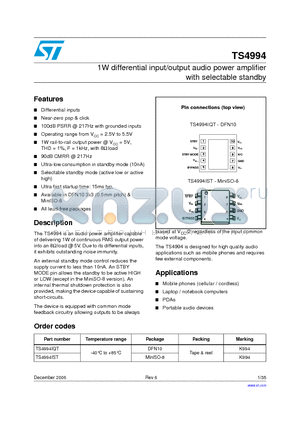 TS4994_06 datasheet - 1W differential input/output audio power amplifier with selectable standby