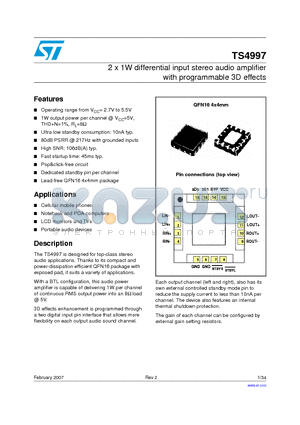 TS4997 datasheet - 2 x 1W differential input stereo audio amplifier with programmable 3D effects