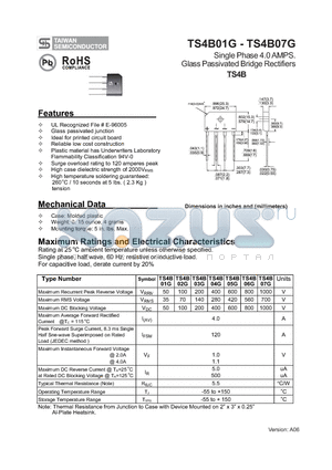 TS4B01G datasheet - Single Phase 4.0 AMPS. Glass Passivated Bridge Rectifiers