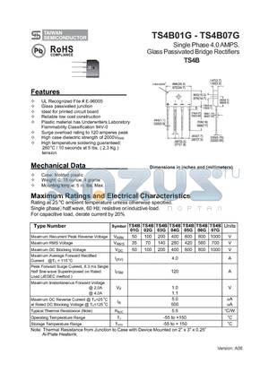 TS4B04G datasheet - Single Phase 4.0 AMPS. Glass Passivated Bridge Rectifiers