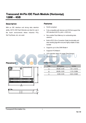 TS4GDOM44H datasheet - 44-Pin IDE Flash Module(Horizontal)