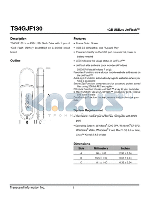 TS4GJF130 datasheet - 4GB USB2.0 JetFlash