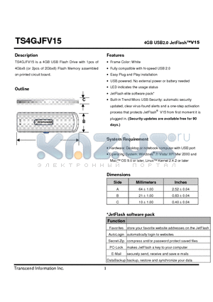 TS4GJFV15 datasheet - 4GB USB2.0 JetFlashV15