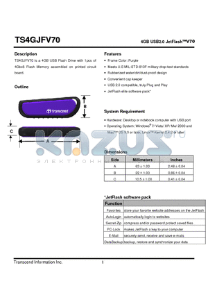 TS4GJFV70 datasheet - 4GB USB2.0 JetFlashV70