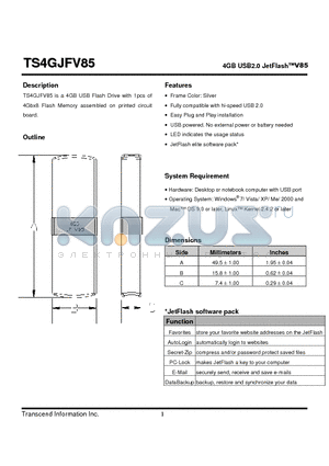 TS4GJFV85 datasheet - 4GB USB2.0 JetFlashV85