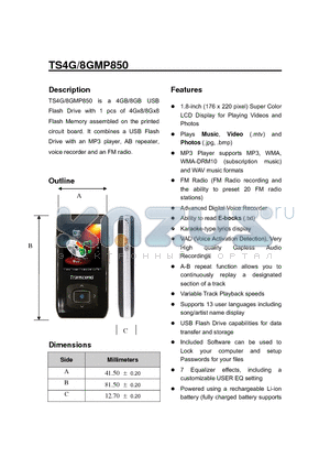 TS4GMP850 datasheet - 4GB/8GB USB Flash Drive