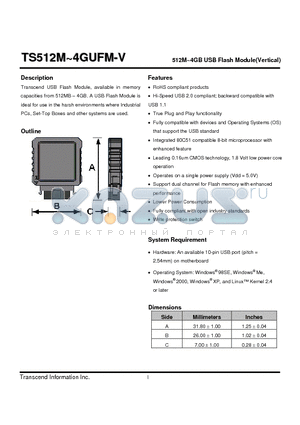 TS4GUFM-V datasheet - 512M~4GB USB Flash Module(Vertical)