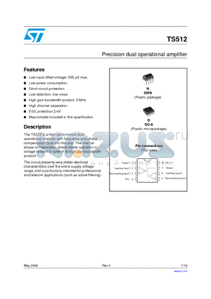 TS512 datasheet - Precision dual operational amplifier