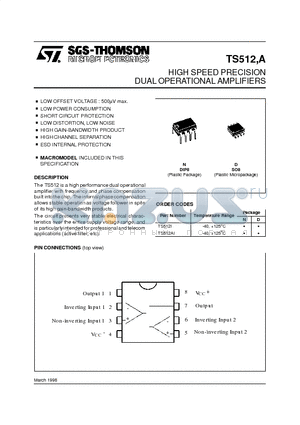 TS512A datasheet - HIGH SPEED PRECISION DUAL OPERATIONAL AMPLIFIERS