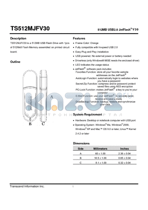 TS512MJFV30 datasheet - 512MB USB2.0 JetFlash V30