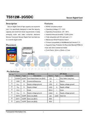 TS512MSDC datasheet - Secure Digital Card