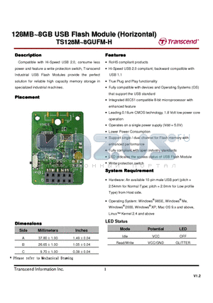 TS512MUFM-H datasheet - 128MB~8GB USB Flash Module