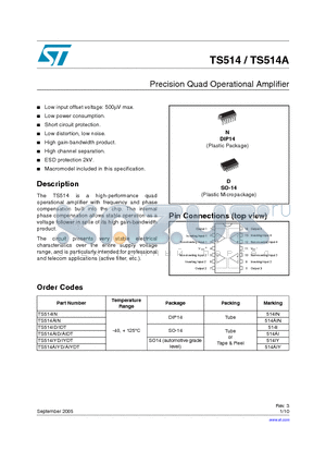 TS514IN datasheet - Precision Quad Operational Amplifier