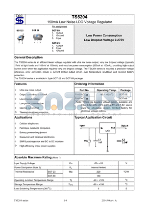 TS5204CX1.8 datasheet - 150mA Low Noise LDO Voltage Regulator