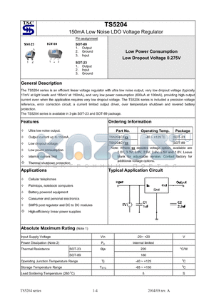 TS5204CY1.8 datasheet - 150mA Low Noise LDO Voltage Regulator