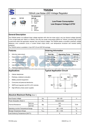 TS5204_1 datasheet - 150mA Low Noise LDO Voltage Regulator