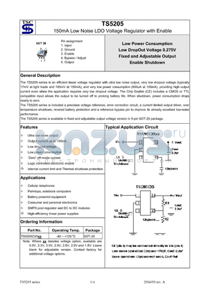 TS5205CX5 datasheet - 150mA Low Noise LDO Voltage Regulator with Enable