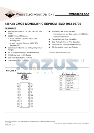 WME128K8-150CQA datasheet - 128Kx8 CMOS MONOLITHIC EEPROM, SMD 5962-96796