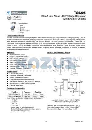 TS5205CX5RF datasheet - 150mA Low Noise LDO Voltage Regulator with Enable Function