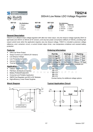 TS5214ACY datasheet - 300mA Low Noise LDO Voltage Regulator
