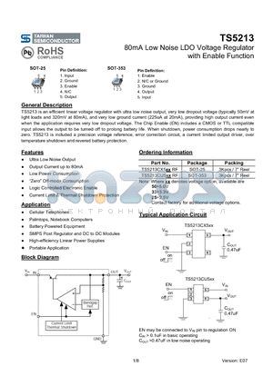 TS5213CU5RF datasheet - 80mA Low Noise LDO Voltage Regulator with Enable Function
