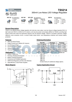 TS5214CSRL datasheet - 300mA Low Noise LDO Voltage Regulator