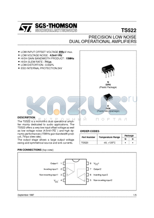 TS522ID datasheet - PRECISION LOW NOISE DUAL OPERATIONAL AMPLIFIERS